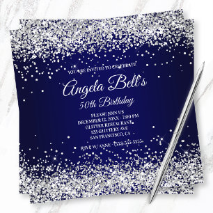 Convites Marinho do Faux Sparkly Silver Glitter Monogramas