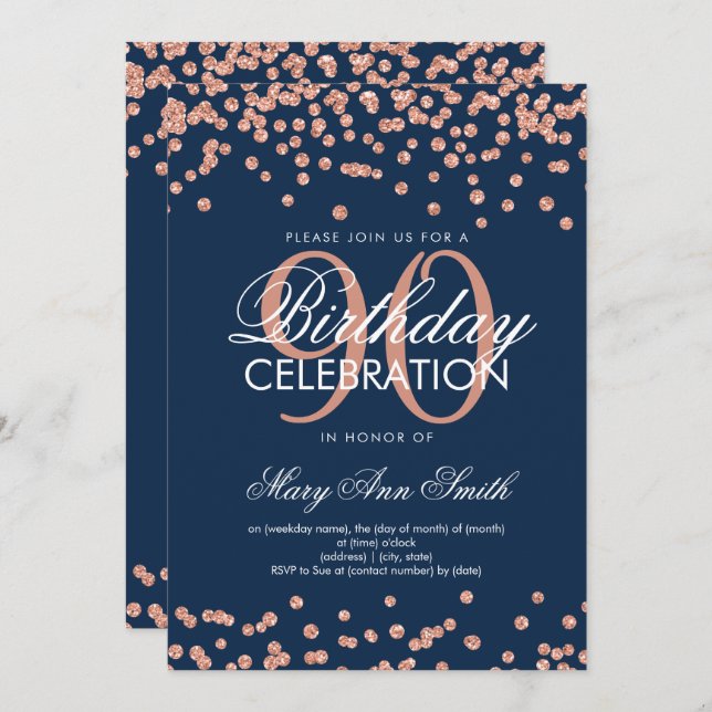 Convites Marinho Dourada 90 Azul Aniversário Glitter Confet (Frente/Verso)