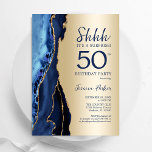 Convites Marinho Dourado Blue Agate Surprise 50th Birthday<br><div class="desc">Marinho azul e ouro agitam a surpresa 50º convite de aniversário. Elegante design moderno com cor azul-real de água agate marble geode fundo, fonte falsa de ouro brilhante e script de tipografia. Trendy convida o cartão perfeito para uma comemoração de dia das mulheres na moda. Impressos convites Zazzle ou modelo...</div>