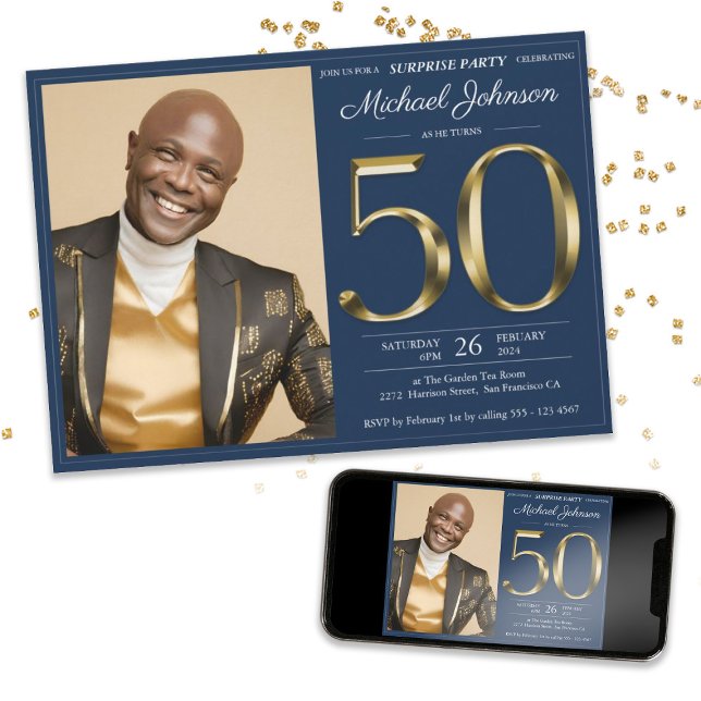 Convites Marinho Dourado Blue Photo 50th Birthday Surprise  (Gold Navy Blue Photo 50th Birthday Surprise Party Invitation)