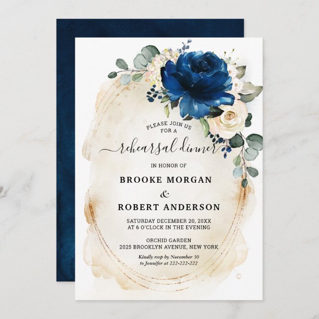 Convites Marinho Dourado Champanhe Branco Janto de ensaio d (Frente/Verso)