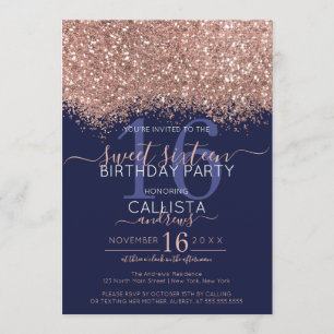 Convites Marinho Dourado de luxo, Confetti Sweet 16