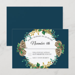 Convites Marinho Dourado de Natal RSVP Vermelho Holly Leaf