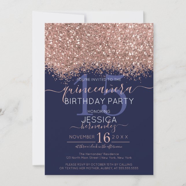 Convites Marinho Dourado de Rosa Chic Glitter Confetti Quin (Frente)