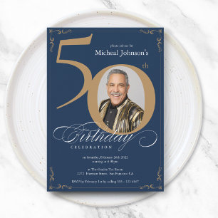 Convites Marinho Dourado Elegante Azul 50º Aniversário