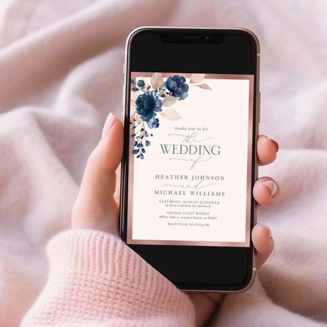 Convites Marinho Dourado Elegante Azul Blush Cor-de-rosa (Criador carregado)