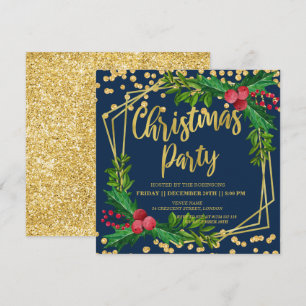 Convites Marinho Dourado Festivo Holly Glitter Natal