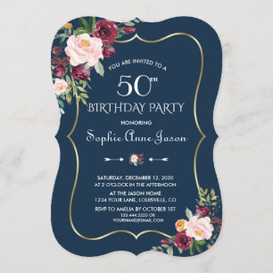 Convites Marinho Dourado Floral Blush Azul 50º Aniversári