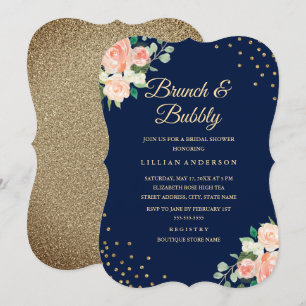 Convites Marinho Dourado Floral Confetti Brunch e Bubble