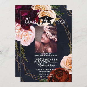 Convites Marinho Dourado Floral Escuro Foto Festa de format