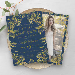 Convites Marinho Dourado Foto oral SURPRISE Sweet 16