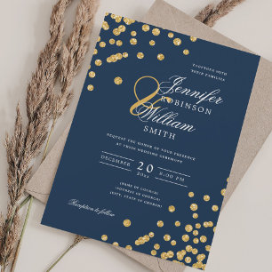 Convites Marinho Dourado Glitter Confetti de Casamento de S