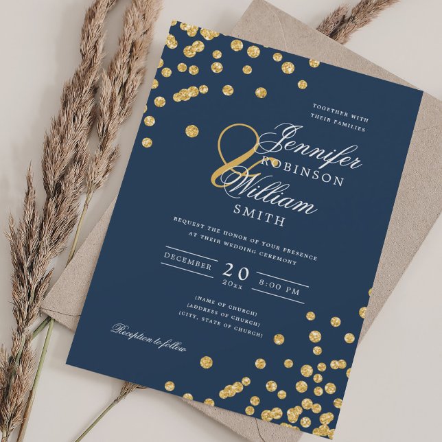 Convites Marinho Dourado Glitter Confetti de Casamento de S (Elegant Script Wedding Gold Glitter Confetti Navy Invitation)