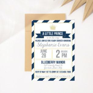 Convites Marinho Dourado Glitter Prince Chá de fraldas Inv