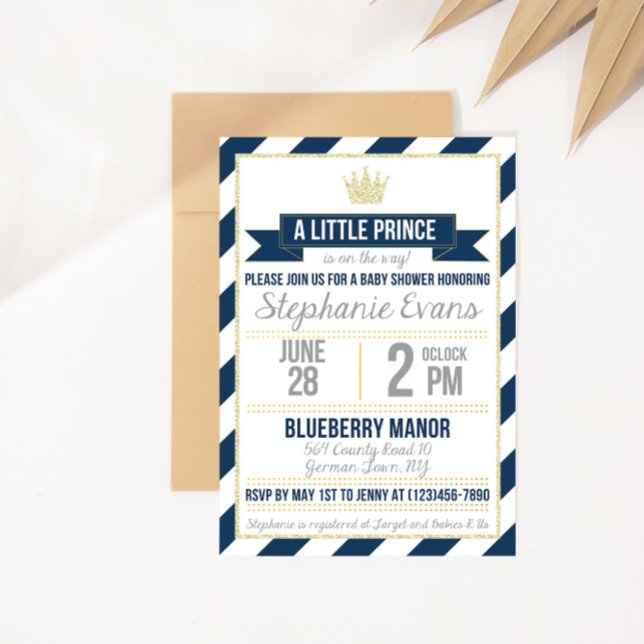 Convites Marinho Dourado Glitter Prince Chá de fraldas Invi (Criador carregado)