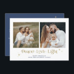 Convites Marinho Dourado Menorah Peace Love Light Hanukkah<br><div class="desc">Este cartão de Chanucá apresenta uma citação de fonte única "luz de amor pela paz" com cores editáveis,  duas fotos quadradas e estrelas de ouro elegantes. Edite facilmente o texto *mais* e mude as cores para o melhor pacote de suas necessidades.</div>