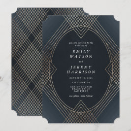Convites Marinho Dourado Oval Arte Geométrica Deco Gatsby C