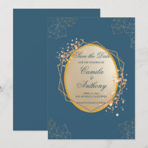 Convites Marinho Dourado Oval Floral Boho Salvar Data