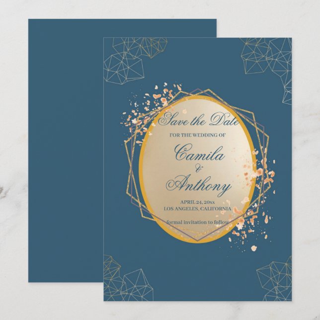 Convites Marinho Dourado Oval Floral Boho Salvar Data (Frente/Verso)