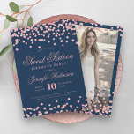 Convites Marinho Dourado rosa Blue Confetti Foto Sweet 16<br><div class="desc">Elegante Doce Dezesseis Convite de aniversário com Rosa Dourado Glitter Confetti motif,  script personalizado de tipografia de Foto e Vintage.</div>