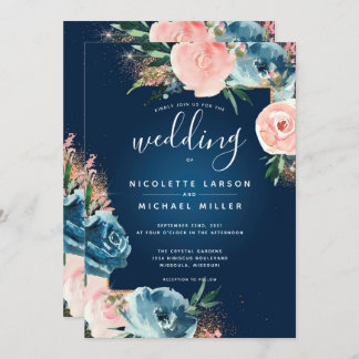 Convites Marinho Dramático, Azul e Borbulhador Floral