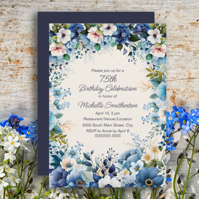 Convites Marinho Dusty Blue Floral 75º Aniversário (Blue floral 75th birthday party invitation)