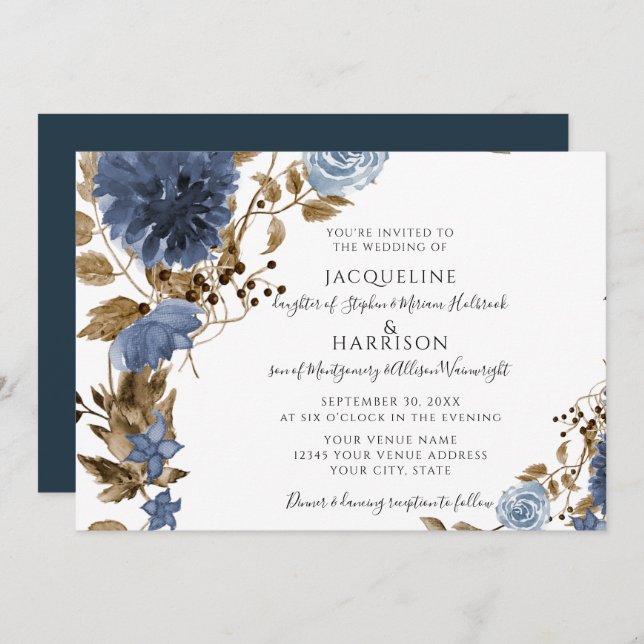 Convites Marinho Dusty Blue Floral Terthy Foliage Casamento (Frente/Verso)