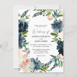 Convites Marinho, Dusty Blue & Pink Floral 2 Casamento