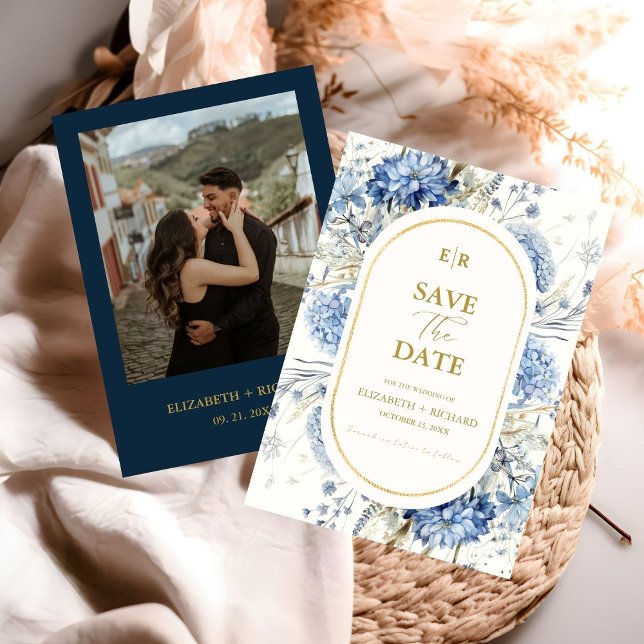 Convites Marinho Dusty Blue Primavera Floral Dourado Casame (Criador carregado)