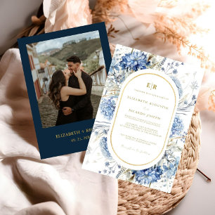 Convites Marinho Dusty Blue Primavera Floral Dourado Casame