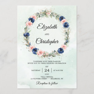 Convites Marinho e Blush Floral Eucalyptus Wreath Weding