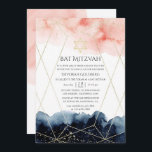 Convites Marinho e Blush Watercolor Bat Mitzvah<br><div class="desc">Convite Bat mitzvah que inclui marinho azul e pinceladas de tinta cor-de-água rosa e um quadro geométrico dourado.</div>