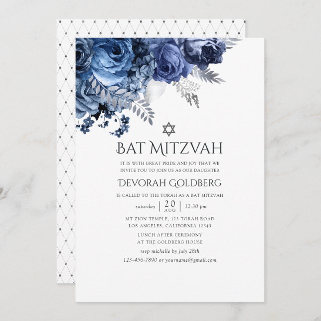 Convites Marinho e branco com tampa de prata (Frente/Verso)