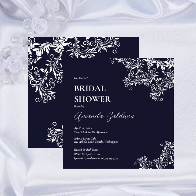Convites Marinho e Chá de panela Elegante Branco (Navy and White Elegant Bridal Shower Invitation)