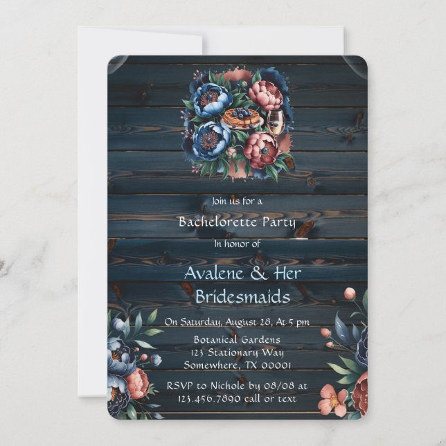 Convites Marinho e Cobre Peony Bridesmaids Luncheids (Frente)