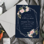 Convites Marinho e cor d'água esbranquiçada casamento prate<br><div class="desc">Um design Floral azul-Marinho e esfregado com um quadro geométrico prateado com texto no meio. As flores rosas e azuis marinhos são perfeitas para seus temas de verão, inverno e casamento outono. Você pode alterar o texto, o tamanho do texto, a cor e a fonte neste modelo. O plano de...</div>