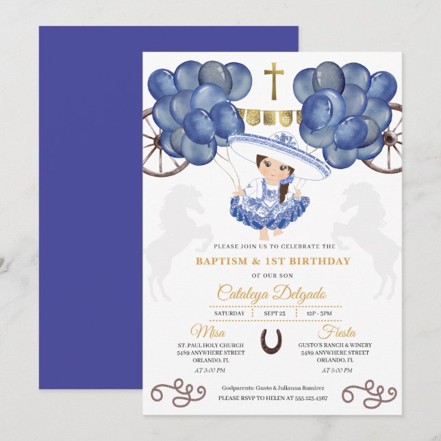 Convites Marinho e Dourado Bebê Charra Balões Mexicanos Bat (Frente/Verso)