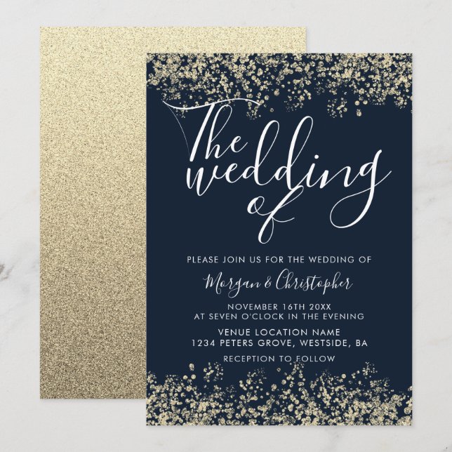 Convites Marinho e Dourado Casamento Moderno da Glitter (Frente/Verso)
