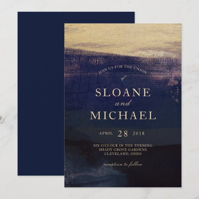 Convites Marinho e Dourado Casamento Moderno de Lavagem em  (Frente/Verso)