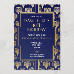 Convites marinho e Dourado do Partido Art Deco Birthday Gat