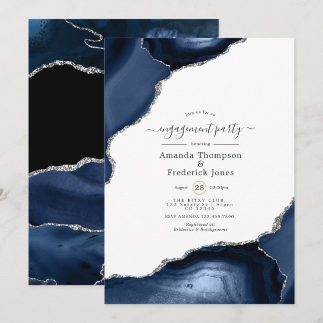 Convites Marinho e Festa de noivado de ágar prateado (Frente/Verso)