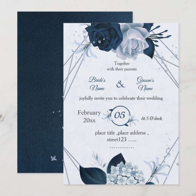 Convites marinho e flores azuis empoeiradas casamento geomé (Frente/Verso)