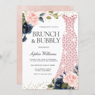 Convites Marinho e Flores de Blush Chá de panela Brunch e B