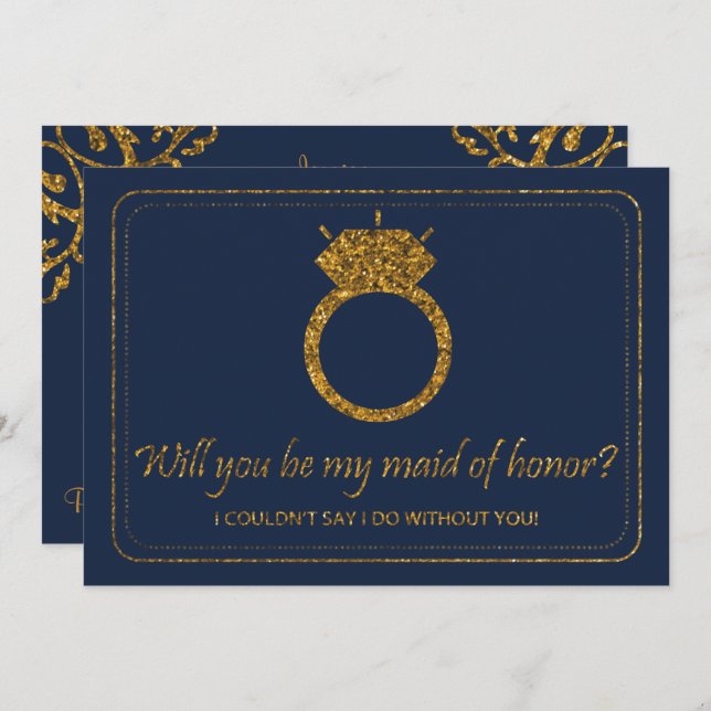 Convites Marinho E Glitter Dourado Você Será Minha Madrinha (Frente/Verso)