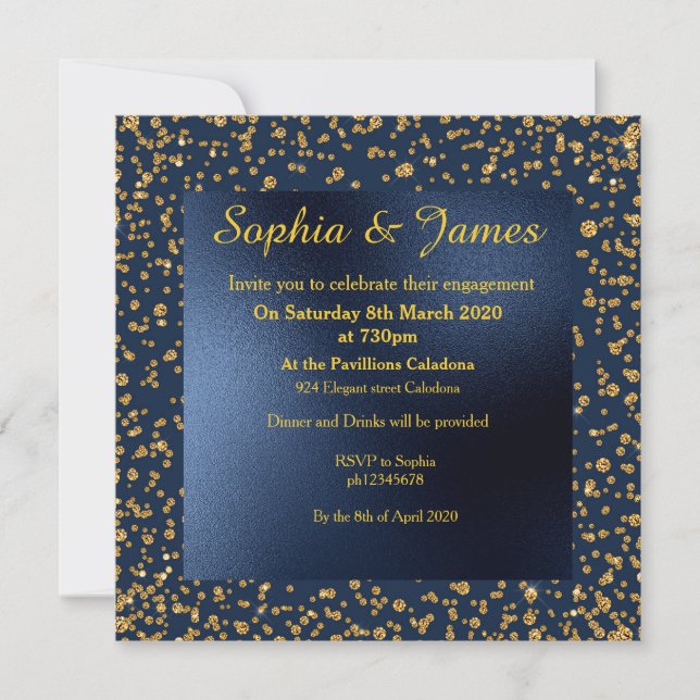 Convites Marinho e noivado Elegante Dourado (Frente)