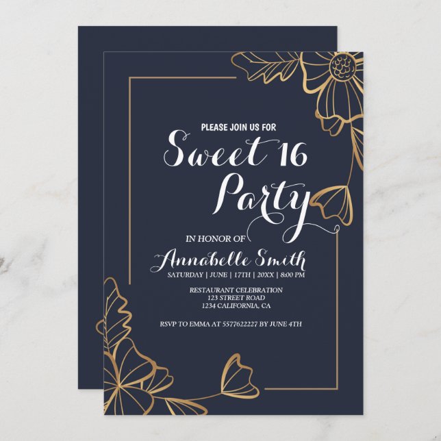 Convites Marinho e ouro floral 16 (Frente/Verso)