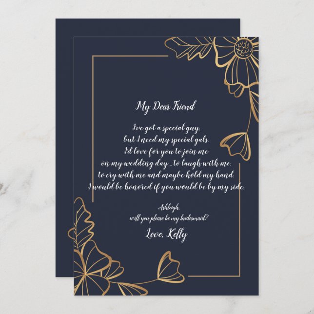 Convites Marinho e ouro floral será minha dama de honra (Frente/Verso)