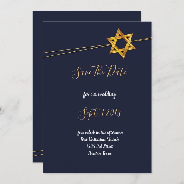 Convites Marinho e Ouro Star de David salve a data (Frente/Verso)