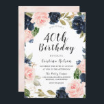 Convites Marinho e Parte de aniversário de 40 anos de Aquar<br><div class="desc">Marinho Azul Blush Watercolor aniversário de 40 anos Convidar Ver itens correspondentes em Niche e Nest Store</div>