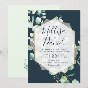 Convites Marinho e ponto verde com quadro geométrico